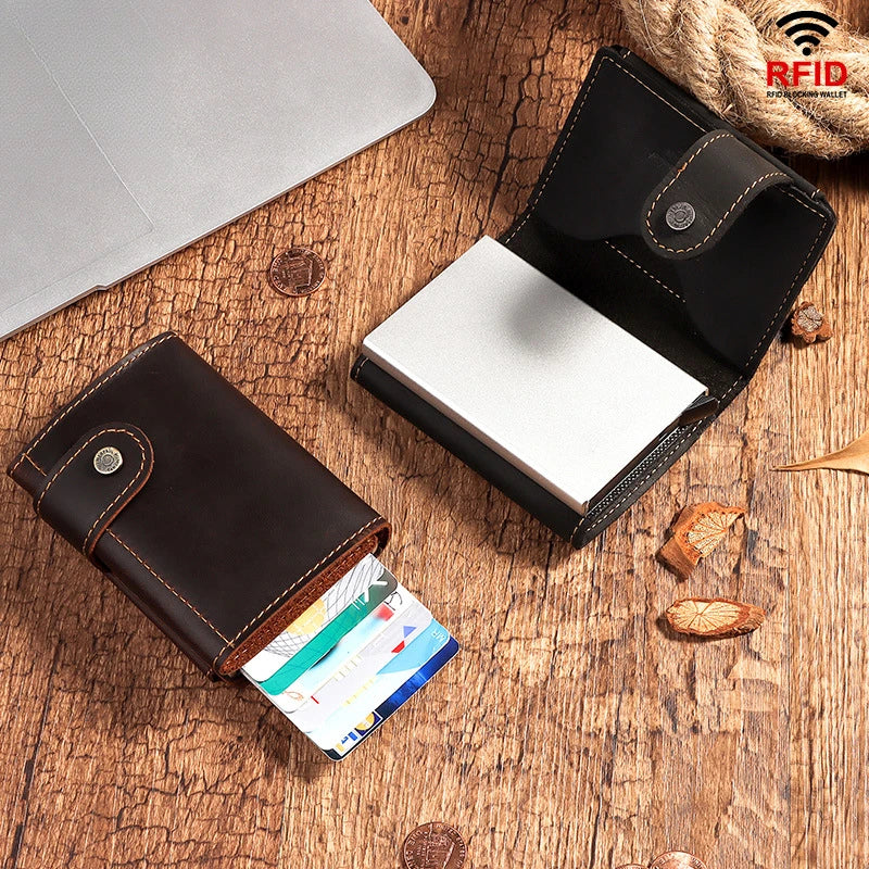 Crazy Horse Leather Coin Purse with Auto Card Dispenser