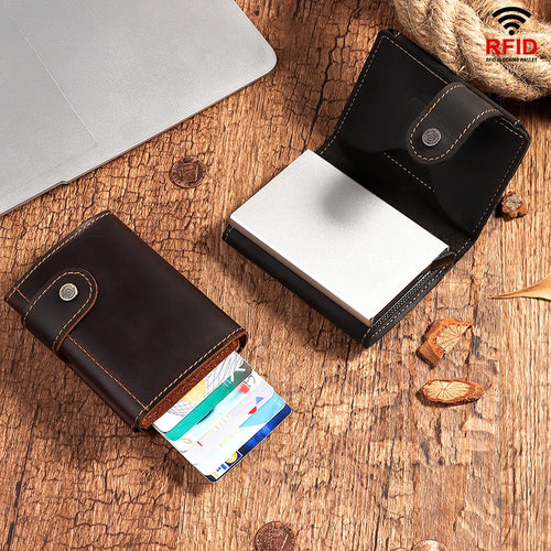 Crazy Horse Leather Coin Purse with Auto Card Dispenser