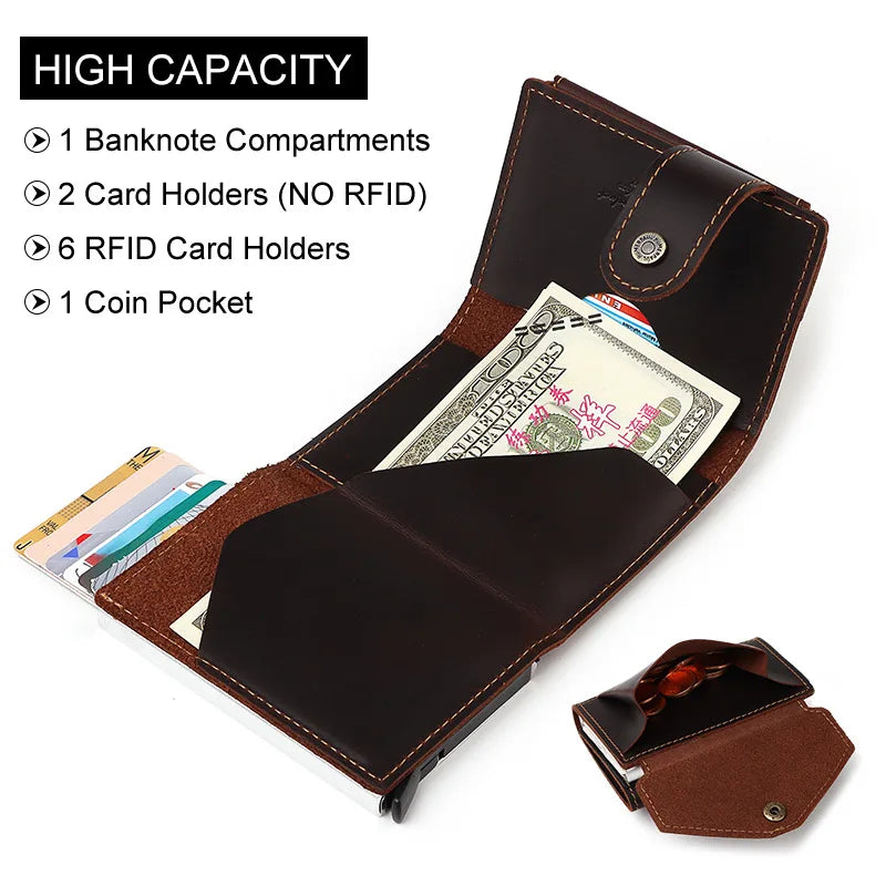 Crazy Horse Leather Coin Purse with Auto Card Dispenser