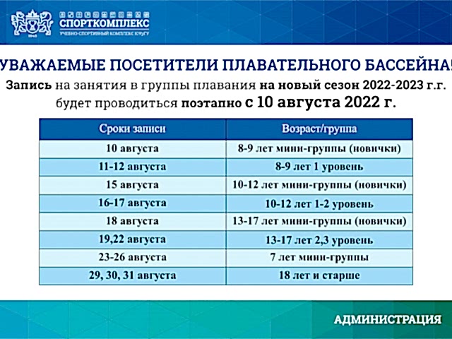 Запись на занятия в группы плавания на сезон 2022-2023 гг. с 10 августа 2022 г.