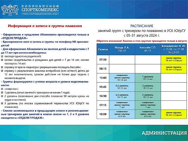 Расписание групп по плаванию с тренером на АВГУСТ